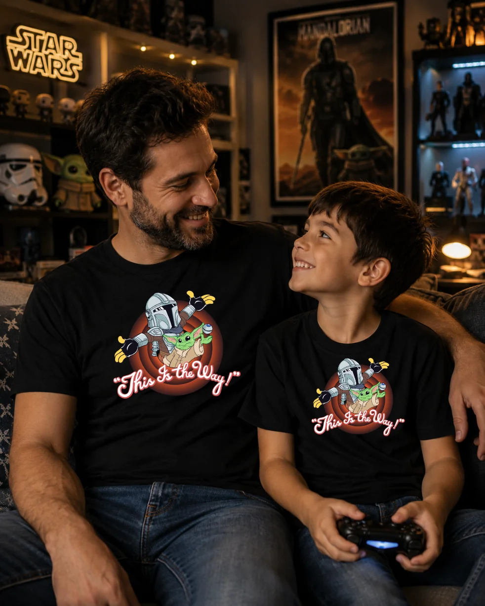 Padre e hijo con camisetas frikis a juego de Cat Beleren